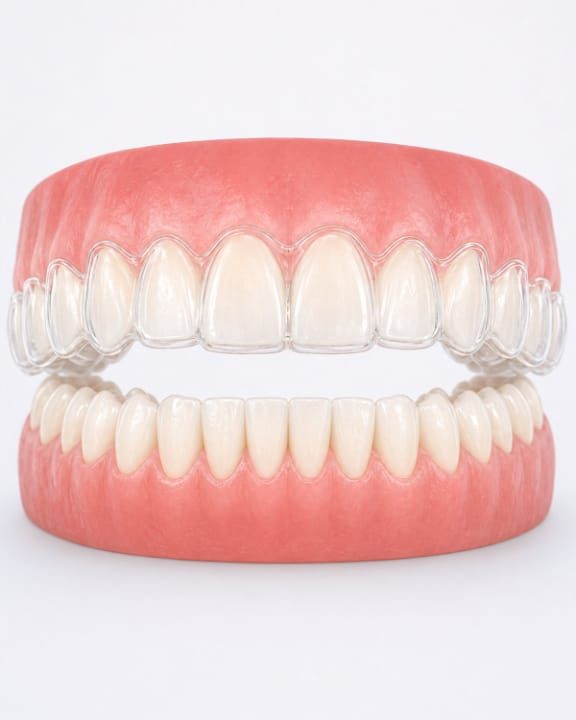 A clear ClearCorrect aligner being fitted to a patient at Tomlinson Dental in Tampa