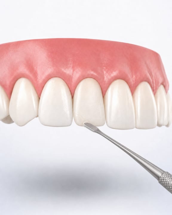 Close-up of a front tooth being shaped with tooth-colored composite resin