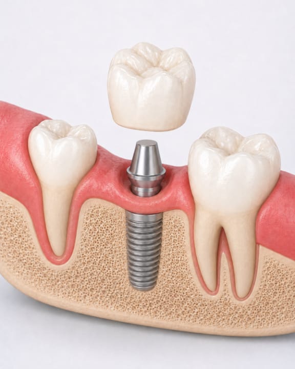Illustration of a dental implant and crown replacing a missing tooth
